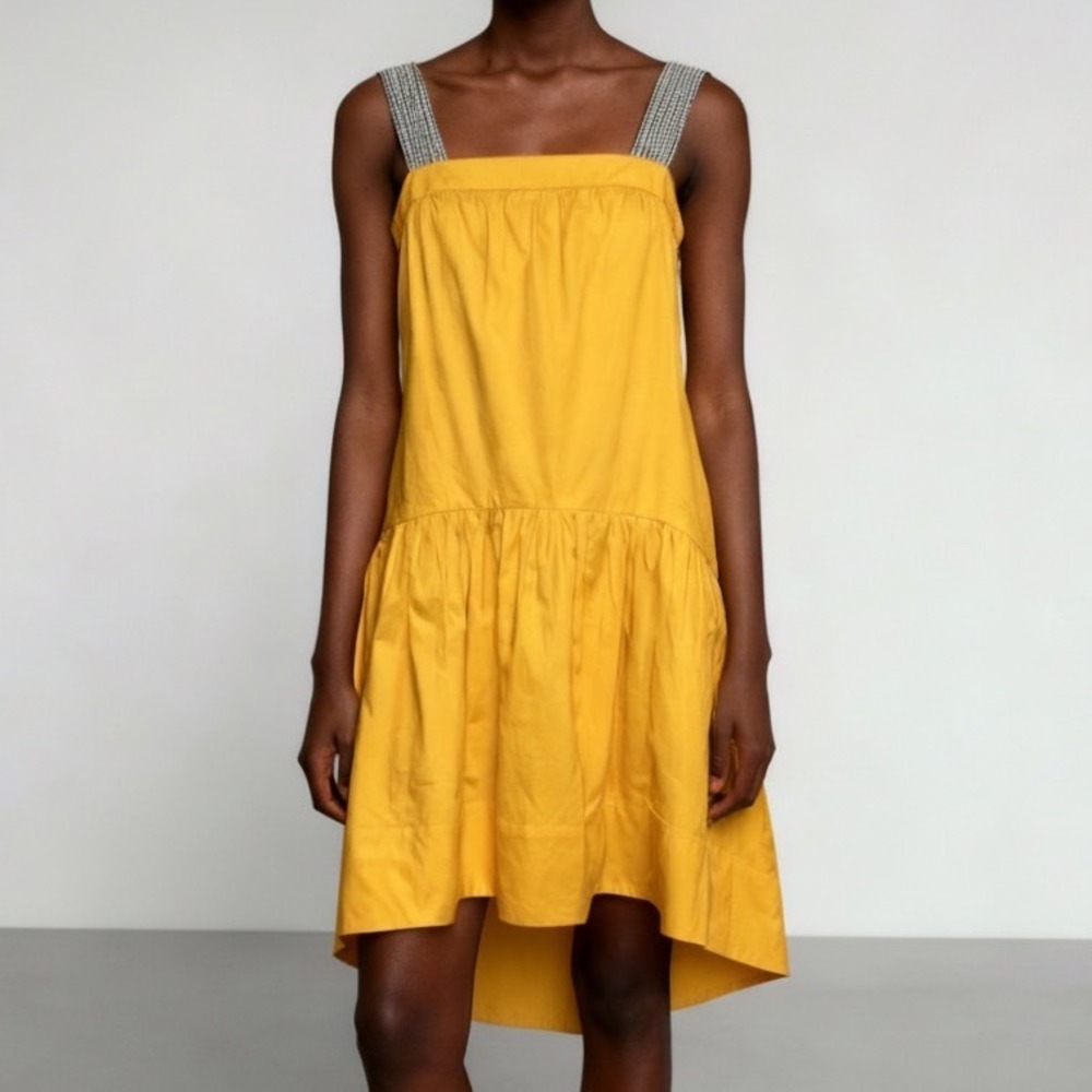 English Factory High Low Midi Shade Dress 100% Cotton Poplin Yellow size Small
